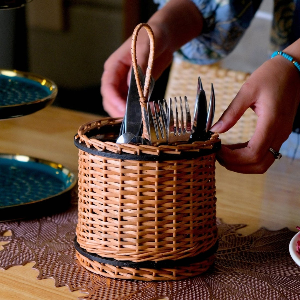 Cutlery holder made with Kashmiri Wicker and Wood in Wood Brown and Black