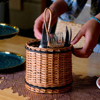 Cutlery holder made with Kashmiri Wicker and Wood in Wood Brown and Black