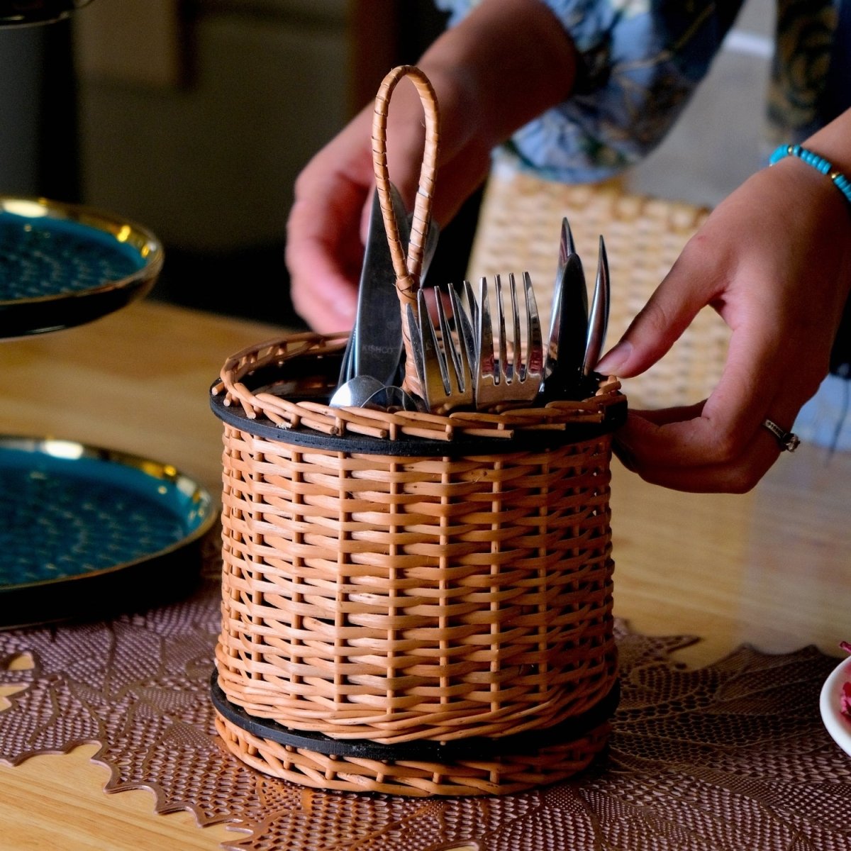 Cutlery holder made with Kashmiri Wicker and Wood in Wood Brown and Black